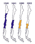 Mapa del territorio
                        de los Mapuche in el estado de Chile de hoy
                        (2011): Primero el territorio de los Mapuche fue
                        hasta el valle Illapel (1540), despus al ro
                        Bio Bio (1641 y 1880), y en 2003 solo hasta
                        Angol.