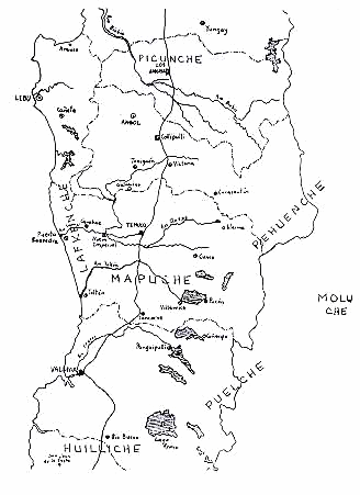 Mapa de los Mapuches
                        en la llanura y los Pehuenches en la Sierra alta
                        [3]