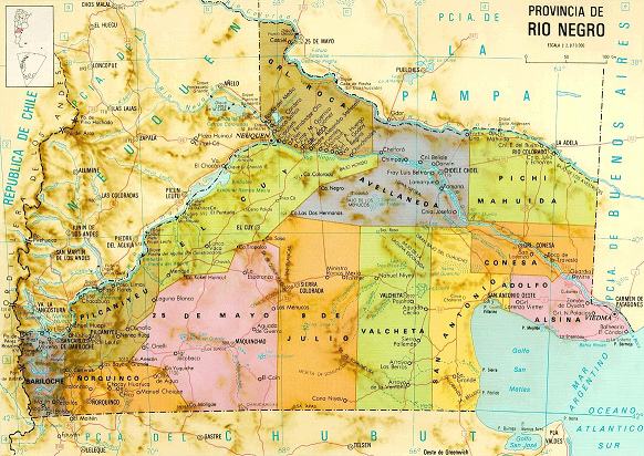Karte der Provinz Neuqun und der Provinz
                          Rio Negro mit dem Neuqun-Fluss, Limay-Fluss
                          und Schwarzfluss (Rio Negro)