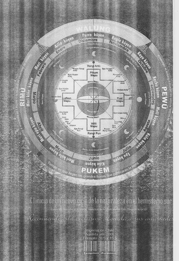 Dies ist das Titelblatt des Buches
                            "Agenda Mapuche 2008) mit dem
                            Mapuche-Kalender drauf.