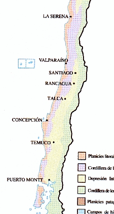 Karte des zentralen Chile (von La Serena
                          bis Puerto Montt) mit den verschiedenen
                          Landschaften: rot: Ebenen - violett: erste
                          Bergketten - gelb: Senken - grn: hohe
                          Bergketten (Sierra)