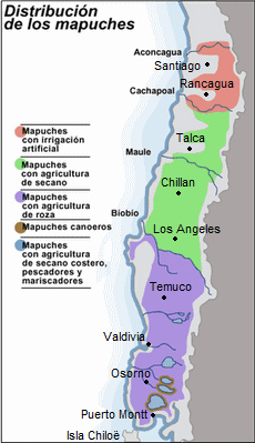 Mapa
                          de Chile con los territorios con Mapuches
                          (2010)