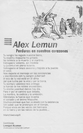 Poema mapuche sobre Alex Lemun