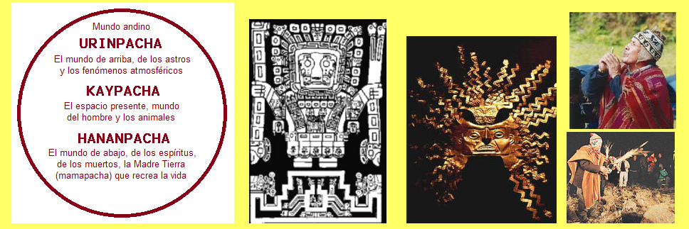 La cosmovisin
                      andina en general con mundos, con el dios creador
                      Wiracocha, con el dios del sol Inti y con
                      chamanes