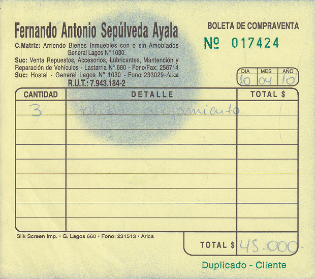 Boleto para 3 noches en el hostal
                          Villarica en Arica para una pareja, 45,000
                          pesos chilenos (apr. 90 dolares)