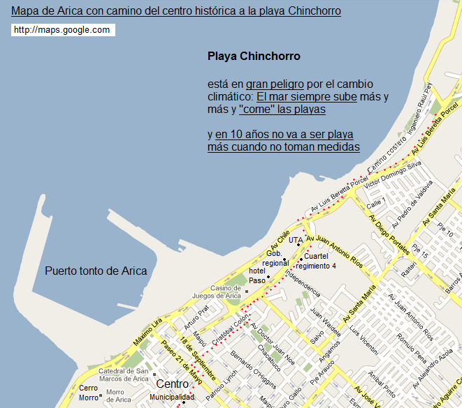 Mapa de Arica con el camino del
                            centro histrico a la playa Chinchorro