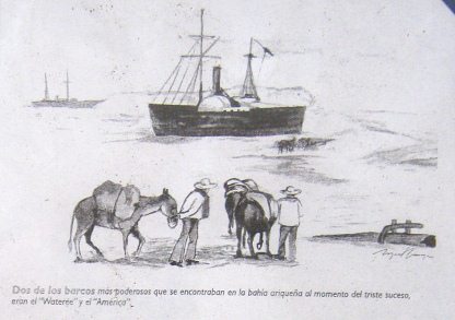 Artikel 3: Zeichnung der beiden Schiffe
                            Wateree und America, wie sie nach dem
                            Tsunami von 1868 in der Wste liegen