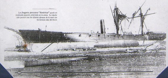Artikel 5, Foto 02, das Schiff
                                  "Amerika" auf Sand nach dem
                                  Meerbeben von 1867