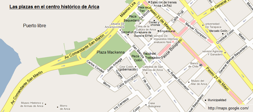 Mapa
                          con las plazas en el centro histrico de
                          Arica