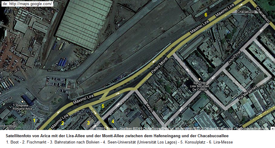 Satellitenkarte von Arica mit der Lira-Allee
                      und der Montt-Allee zwischen dem Hafeneingang und
                      der Chacabuco-Allee