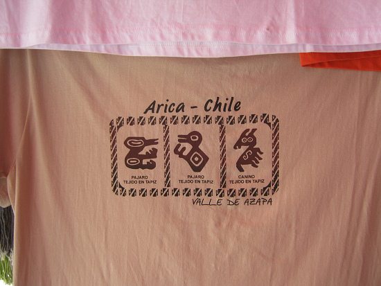 Braunes T-Shirt mit dem Design von
                                Geoglyphen, zwei Vgeln und einem
                                hundehnlichen Tier ("canino")
                                mit der Angabe, dass diese Geoglyphen im
                                Azapa-Tal zu finden seien