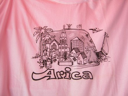 Ein rosa T-Shirt mit einem Design
                                  des Morrobergs, mit der Kirche San
                                  Marcos, mit einem Brunnen, mit dem
                                  Wolkenkratzer "Empresarial",
                                  mit Palmen, mit dem
                                  Fantasie-Jesus-Denkmal und mit der
                                  chilenischen Fahne auf dem Morroberg,
                                  mit einem Vogel, mit einer Familie,
                                  und mit einem riesigen Schiff, das
                                  fast so gross ist wie der Morroberg
                                  selber.