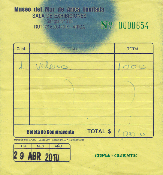 Quittung fr ein
                        Muschel-Segelschiffchen fr 1000 chilenische
                        Pesos, 29. April 2010