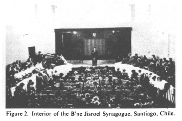 Encyclopaedia Judaica (1971):
                Chile, vol.5, col.466, B'ne Jisroel synagogue, Santiago,
                Innenraum mit Versammlung