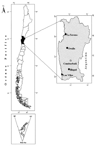 Karte von Chile mit der 4. Region mit La
                          Serena, Ovalle, Combarbal, Illapel und Los
                          Vilos