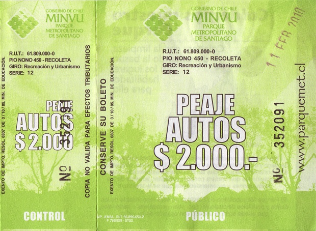 Mautquittung ber 2000 chilenische Pesos
                          (ca. 4 "US"-Dollar)