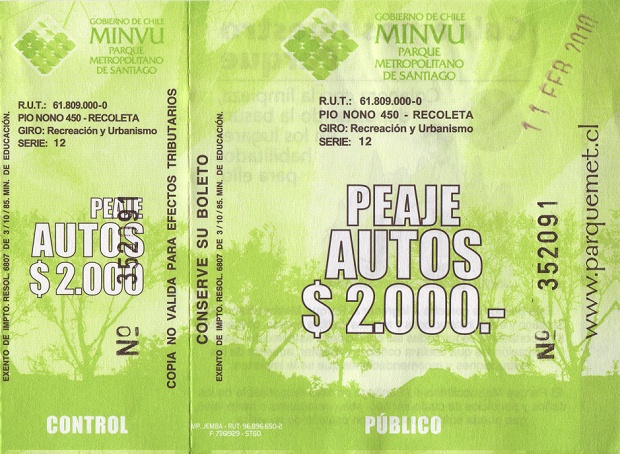 Recibo del peaje con 2.000 pesos chilenos
                          (bien 4 dlares)