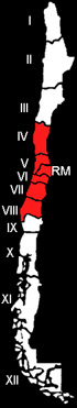Barraco, Karte der Verbreitung von
                                der 4. bis zur 8. Region Chiles