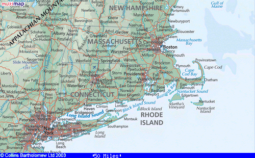 Mapa con Nueva York y Boston, es una distancia
                    de apr. 200 leguas