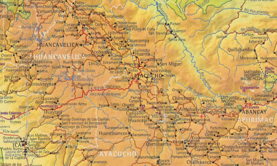 Karte: Ayacucho und seine Umgebung
                        (Ica-Ayacucho-Machu-Picchu) mit Relief und
                        Flusssystem.
