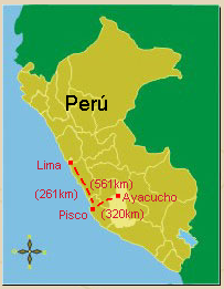 Karte
                        von Per� mit dem Departement Ayacucho
                        (Lima-Pisco: 261km, Pisco-Ayacucho 320km, total
                        561km)