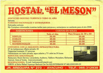 Ayacucho: Hostal El Mes�n, volante,
                        precios