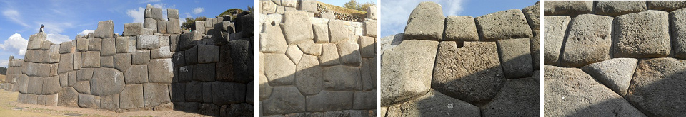 Cusco Sacsayhuamán: Die
                                        Mauern der Terrassenstufe 1 mit
                                        einem 10-Eckstein, mit
                                        Blumenmustern, mit
                                        Enwässerungsloch, mit einem
                                        Quasi-Dreieckstein etc.