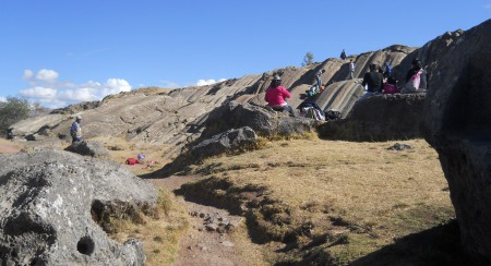 Sacsayhuamán (Cusco), big quarry, view from the holed stone to the slides