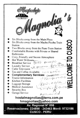Faltblatt der Herberge (hospedaje)
                        Magnolia's mit Angaben ber das Angebot