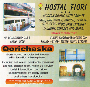 Faltblatt der Busfirma Cial mit den
                        Herbergen (hostales) Fiori und Qorichaska
