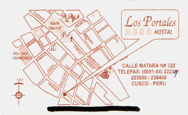 Visitenkarte des Hostal Los Portales
                        (Rckseite) mit einer Karte