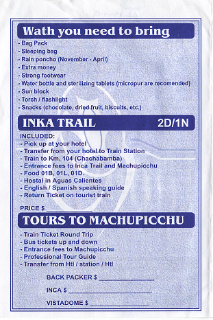 Reisebro Flamenco Travel 02: Angebot
                        Inca-Trail 02 bis Machu Picchu