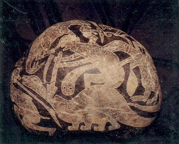 Ein Weiser
                        t�tet einen Dinosaurier, der Stein liegt auf dem
                        Boden im B�ro, Nahaufnahme