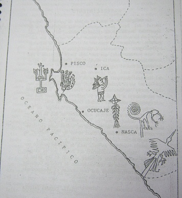 Karte mit Linien und Geoglyphen von
                            Ausserirdischen in Pisco, Ica, Ocucaje und
                            in Nasca