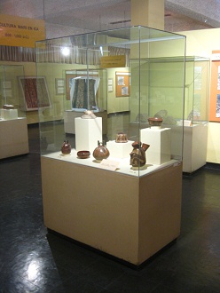 Showcase with Nazca ceramics with designs
                          of line images of Nazca and Palpa