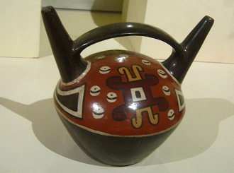 Ceramic bottle with a design of
                                    the weaving technique, close-up