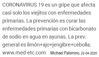 Coronavirus19 es un
                                            gripe casi siempre contra
                                            viejitos con enfermedades
                                            primarias