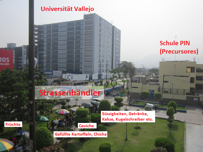 Die Haltestelle Yanbal mit der
              Universitt Vallejo, der Schule PIN und den
              Strassenhndlern