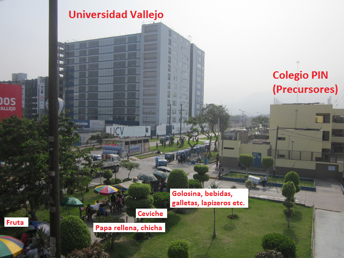 El paradero Yanbal con la
              universidad Vallejo, el colegio PIN y los ambulantes con
              sus productos bien amados