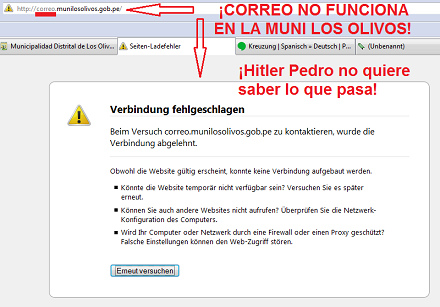 Pgina web de propaganda de Los Olivos: el
                    correo electrnico no funciona - el Hitler Pedro
                    "Moiss" (qu feo nombre judo!) no
                    quiere saber lo que pasa!