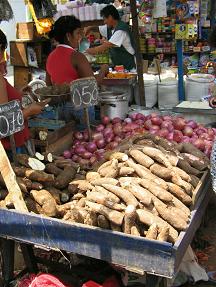 Marktstand mit Yuca und Zwiebeln Marktstand mit Yuca und Zwiebeln