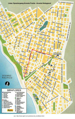 Miraflores: Karte des Spaziergangs
                        Kennedy-Kreisel - Avenida Pardo - Avenida
                        Bolognesi