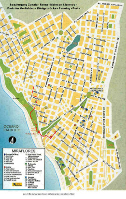 Miraflores: mapa del paseo Zavala -
                          malecn Cisneros - parque de los enamorados -
                          puente Rey - malecn 28 de Julio - Fanning -
                          Porta