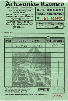 Markt f�r peruanisches Kunsthandwerk
                        (artesan�a) in Miraflores: Quittung f�r den Kauf
                        eines Uhus / buho aus Stein bei der Firma
                        "Artesan�as Cameo"