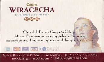 Markt f�r peruanisches Kunsthandwerk (artesan�a) in
              Miraflores: Visitenkarte der Firma "Wiracocha"
              f�r Bilder, Metallwerke und Steinwerke