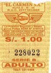 Beiges Busbillet der Busfirma "El
                        Carmen SA" mit einem "Bus-Adler"