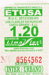 Gr�n-weisses Busbillet der Busfirma
                        "Etusa", Buslinie EO35 von Lurigancho
                        nach Chorrillos, grosser, roter Bus