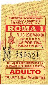 Rotes Busbillet der Busfirma "Turismo
                        y Servicio internacional SA", mit einem
                        Inka auf dem Billet, Buslinie OM42, von
                        Ventanilla nach Lurigancho
