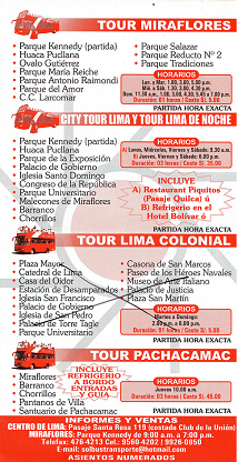 Busfirma "Mirabus", Bus f�r
                        Touristenfahrten in Lima ohne Dach, Flugblatt,
                        Fahrplan