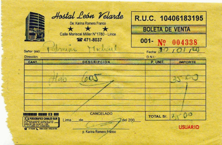 Hotelquittung f�r Michael Palomino vom
                        20.1.2007, Hostal Leon Velarde, Calle Mariscal
                        Miller no. 1780, Lince, Lima, Per�, tel.
                        01-4718037